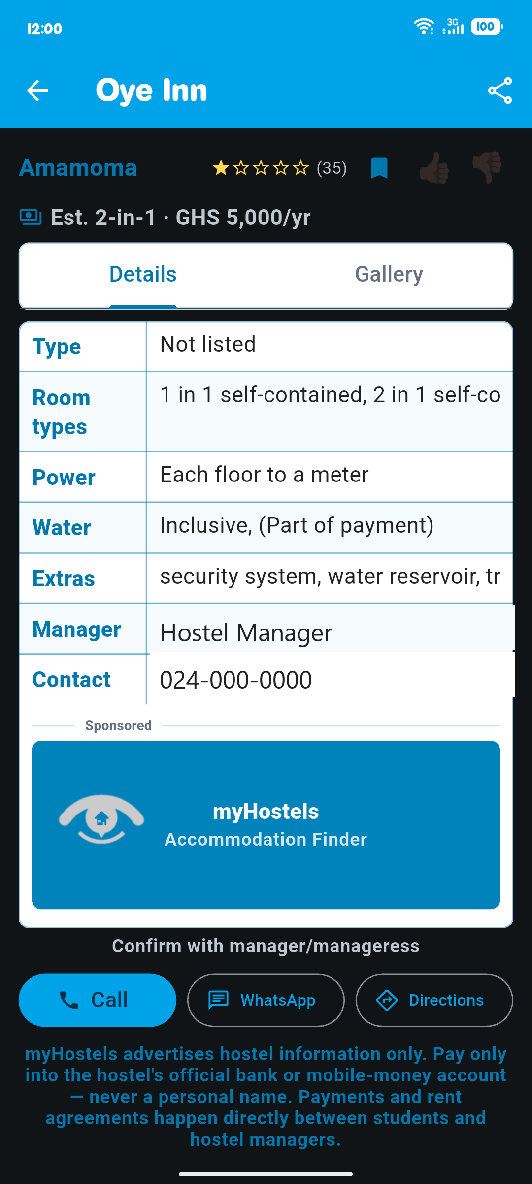 Hostel listing detail screen with call, WhatsApp and directions